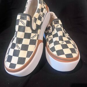 Vans Black and White Checkered Platform Slip Ons